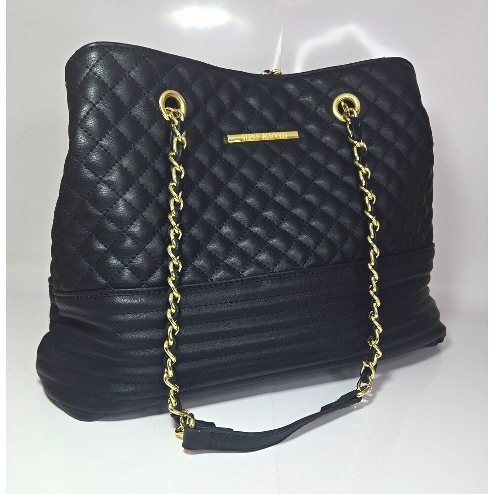 Steve Madden Black Quilted Shoulder Bag Gold Chain Strap Zip Pouch Large